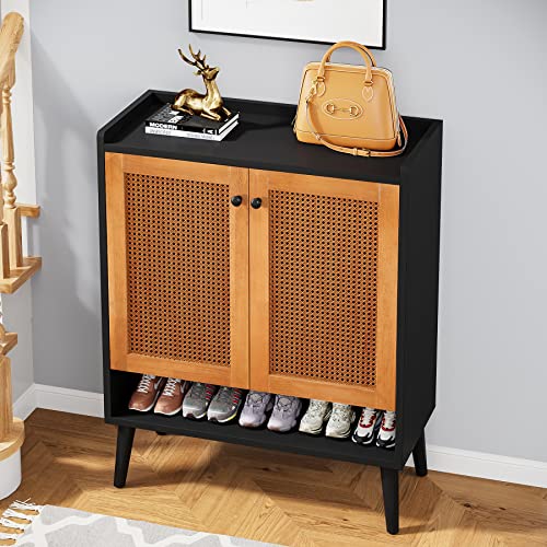 Tribesigns Shoe Cabinet, 6 Tiers 24-30 Pairs Natural Handmade Rattan Shoes Cabinet with Door, Heavy Duty Freestanding Shoe Storage Cabinet with Removable Shelves for Entryway, Black & Orange