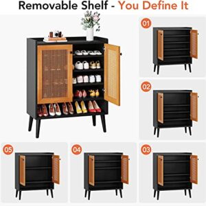 Tribesigns Shoe Cabinet, 6 Tiers 24-30 Pairs Natural Handmade Rattan Shoes Cabinet with Door, Heavy Duty Freestanding Shoe Storage Cabinet with Removable Shelves for Entryway, Black & Orange