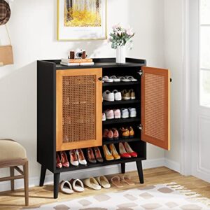 Tribesigns Shoe Cabinet, 6 Tiers 24-30 Pairs Natural Handmade Rattan Shoes Cabinet with Door, Heavy Duty Freestanding Shoe Storage Cabinet with Removable Shelves for Entryway, Black & Orange