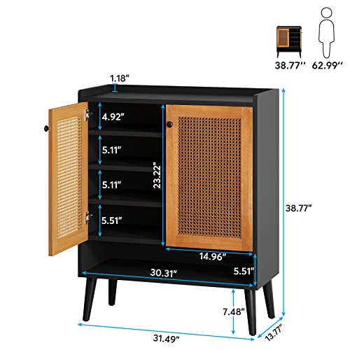 Tribesigns Shoe Cabinet, 6 Tiers 24-30 Pairs Natural Handmade Rattan Shoes Cabinet with Door, Heavy Duty Freestanding Shoe Storage Cabinet with Removable Shelves for Entryway, Black & Orange