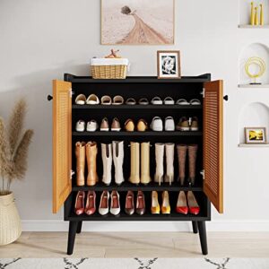 Tribesigns Shoe Cabinet, 6 Tiers 24-30 Pairs Natural Handmade Rattan Shoes Cabinet with Door, Heavy Duty Freestanding Shoe Storage Cabinet with Removable Shelves for Entryway, Black & Orange