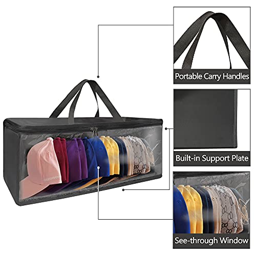 ohihuw Hat Organizer for Closet, 8.6" Width Widened Design, Large Hat Box, Baseball Cap Storage Bag with Carrying Handles & Lid, Solid Structure with Plastic Boards (Black)