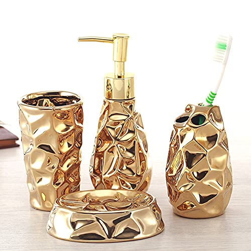 SXFYWYM Gold Bathroom Set 4 Piece Ceramic Bathroom Decoration Accessories Tooth Brush Holder Soap Dispenser Soap Box Tumbler Rinsing Cup, Countertop Vanity Organize Bathroom Accessory Set