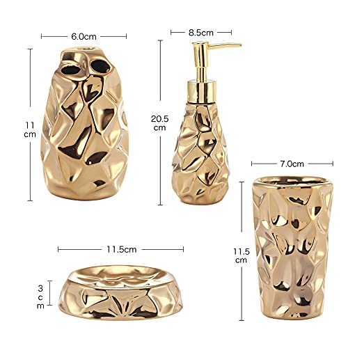 SXFYWYM Gold Bathroom Set 4 Piece Ceramic Bathroom Decoration Accessories Tooth Brush Holder Soap Dispenser Soap Box Tumbler Rinsing Cup, Countertop Vanity Organize Bathroom Accessory Set