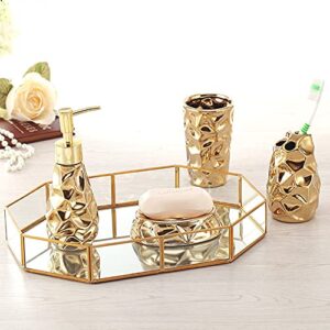 SXFYWYM Gold Bathroom Set 4 Piece Ceramic Bathroom Decoration Accessories Tooth Brush Holder Soap Dispenser Soap Box Tumbler Rinsing Cup, Countertop Vanity Organize Bathroom Accessory Set