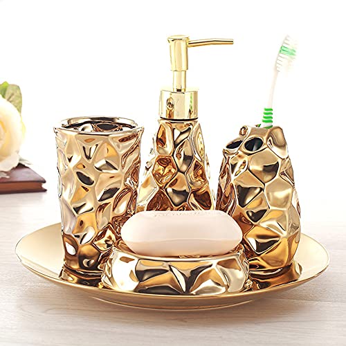 SXFYWYM Gold Bathroom Set 4 Piece Ceramic Bathroom Decoration Accessories Tooth Brush Holder Soap Dispenser Soap Box Tumbler Rinsing Cup, Countertop Vanity Organize Bathroom Accessory Set