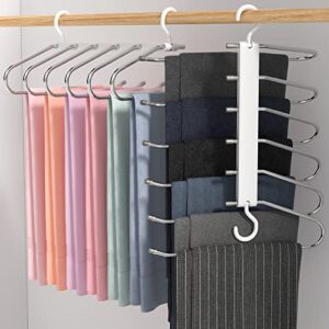 pants hanger space saving, 2pack stainless steel magic pants hanger 6 layers for closet multifunctional uses pants hangers rack organizer for trousers scarves slack,black