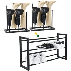 comax 3-tier expandable shoe rack or boot rack organizer for tall boots, small adjustable shoe shelf for entryway closet, modern metal iron shoe stand, free standing extendable shoe storage organizer