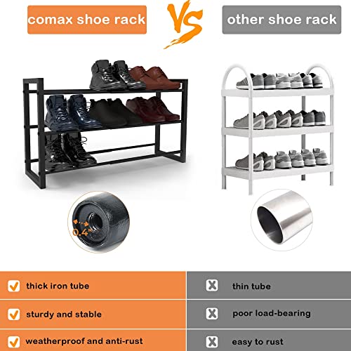 COMAX 3-Tier Expandable Shoe Rack or Boot Rack Organizer for Tall Boots, Small Adjustable Shoe Shelf for Entryway Closet, Modern Metal Iron Shoe Stand, Free Standing Extendable Shoe Storage Organizer