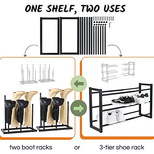 COMAX 3-Tier Expandable Shoe Rack or Boot Rack Organizer for Tall Boots, Small Adjustable Shoe Shelf for Entryway Closet, Modern Metal Iron Shoe Stand, Free Standing Extendable Shoe Storage Organizer