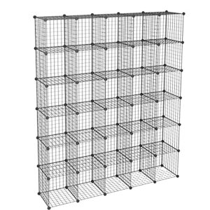 kousi diy wire cube storage, modular metal shelf, cubby shelving, stackable grid organizer, 30 cube, black
