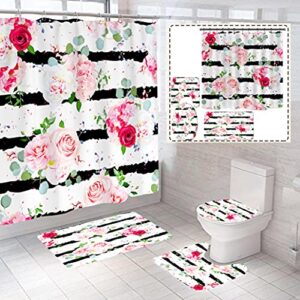 4 piece black white stripes pink rose flower floral modern shower curtains sets with non-slip rugs, toilet lid cover and bath mat, bathroom sets with shower curtain and rugs and accessories