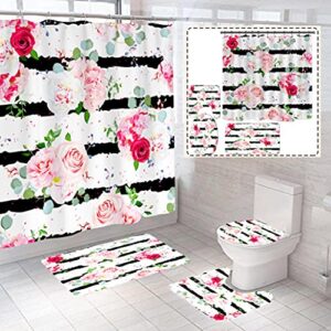 4 Piece Black White Stripes Pink Rose Flower Floral Modern Shower Curtains Sets with Non-Slip Rugs, Toilet Lid Cover and Bath Mat, Bathroom Sets with Shower Curtain and Rugs and Accessories