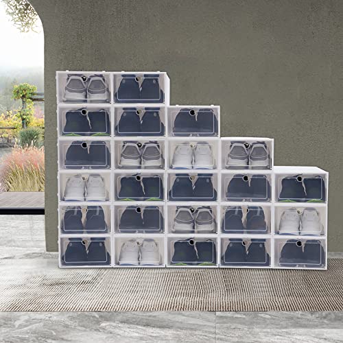 Portable Shoe Rack 24 Pairs DIY Shoe Cabinet with Doors, Free Standing Shoe Shelf Organizer with Transparent Cover, White Plastic Shoe Organizer Expandable for Closet Entryway Hallway Bedroom