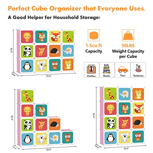 C&AHOME Kids Toy Cartoon Cube Storage Organizer with Doors, 12-Cube Shelves, Closet Cabinet, DIY Plastic Modular Bookshelf Ideal for Bedroom, Living Room, 42”L x 14”W x 56”H Pink UPCS3512P-DOOR
