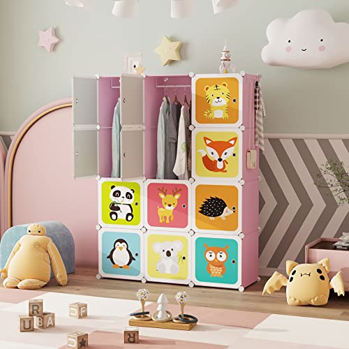 C&AHOME Kids Toy Cartoon Cube Storage Organizer with Doors, 12-Cube Shelves, Closet Cabinet, DIY Plastic Modular Bookshelf Ideal for Bedroom, Living Room, 42”L x 14”W x 56”H Pink UPCS3512P-DOOR