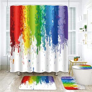 4pcs splashing graffiti shower curtain set with non-slip rug, toilet lid cover bath mat fluid rainbow color paint style curtain with hooks 71x72 inches for art home decor improvement setyyea15