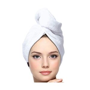 KEEPOZ Hair Towel Wrap Quick Dry 100% Cotton Super Absorbent Turban Head Wrap for Women with Button, Non Microfiber Anti Frizz Hair Products, Hair Cap for Curly, Long & Thick Hair (1Pc)(White)