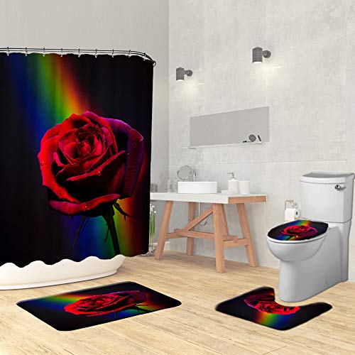 Artmyharbor 4Pcs Red Rose Shower Curtain Sets with Non-Slip Rugs Bath Mat Toilet Lid Cover and 12 Hooks Waterproof Romantic Flower Pattern Bath Sets Bathroom Decor Valentine's Day Gift