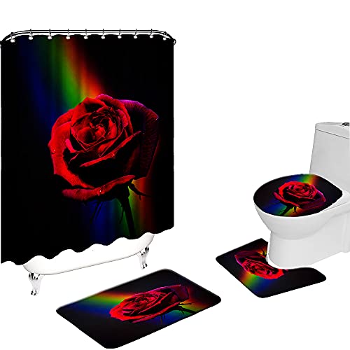 Artmyharbor 4Pcs Red Rose Shower Curtain Sets with Non-Slip Rugs Bath Mat Toilet Lid Cover and 12 Hooks Waterproof Romantic Flower Pattern Bath Sets Bathroom Decor Valentine's Day Gift