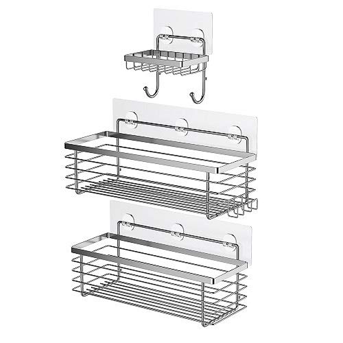 ODesign Shower Caddy Basket with Hooks Soap Dish Holder Shelf for Shampoo Conditioner Bathroom Storage Organizer SUS304 Stainless Steel Rustproof Adhesive No Drilling - 3 Pack
