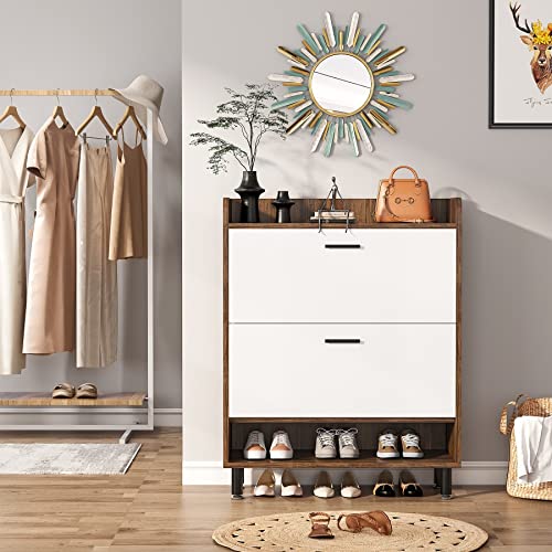 Shoe Storage Freestanding Cabinet with 2 Drawers and Open Shelves for Entryway 2-Tier Brown Wood Oak Finish Adjustable Shelving