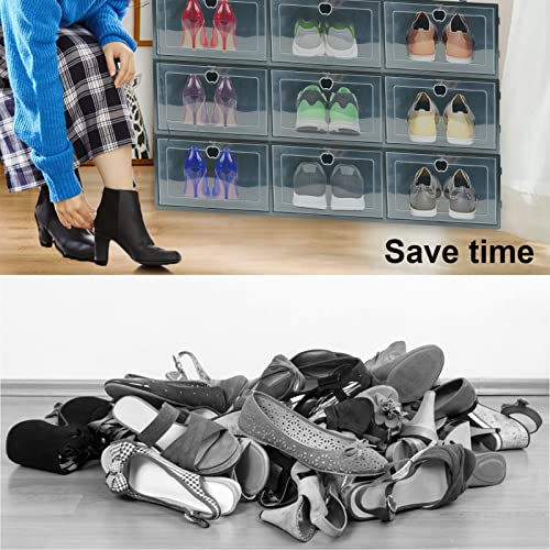 ikaufen 12 Pack Shoe Organizer Boxes, Shoe Boxes Black Plastic Stackable,Shoe Storage Bins for Closet,Space Saving Shoe Containers For Sneaker Display, Fit up to US Size 12(13”x 9.1”x 5.5”)