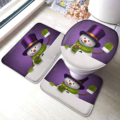 HOSNYE Snowman Bathroom Rugs and Mats Sets 3 Piece New Year Christmas Winter Funny Snowman Purple Top Hat Greeting Hello Bath Mat U-Shaped Contour Shower Mat Toilet Lid Cover