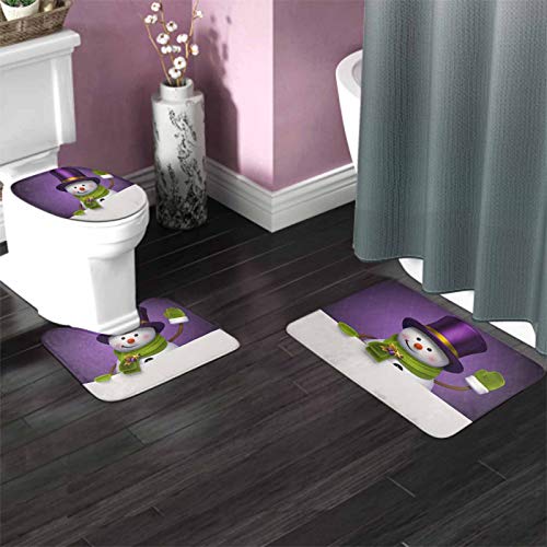 HOSNYE Snowman Bathroom Rugs and Mats Sets 3 Piece New Year Christmas Winter Funny Snowman Purple Top Hat Greeting Hello Bath Mat U-Shaped Contour Shower Mat Toilet Lid Cover