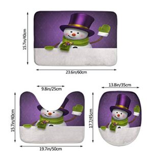 HOSNYE Snowman Bathroom Rugs and Mats Sets 3 Piece New Year Christmas Winter Funny Snowman Purple Top Hat Greeting Hello Bath Mat U-Shaped Contour Shower Mat Toilet Lid Cover