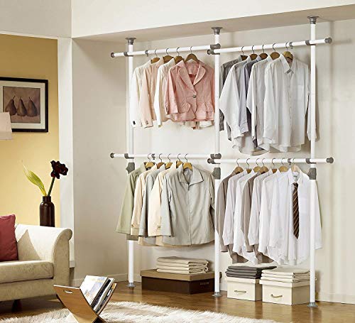 Estink Garment Rack, Portable Indoor Garment Hanger Tools Heavy-Duty Adjustable DIY Coat Hanger Clothes Wardrobe 3 Poles 4 Bars Home Hanging Rack