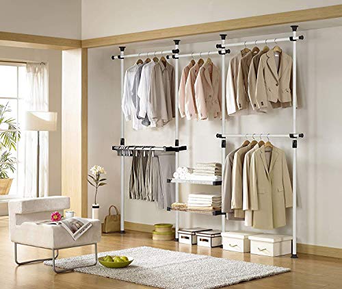 Estink Garment Rack, Portable Indoor Garment Hanger Tools Heavy-Duty Adjustable DIY Coat Hanger Clothes Wardrobe 3 Poles 4 Bars Home Hanging Rack