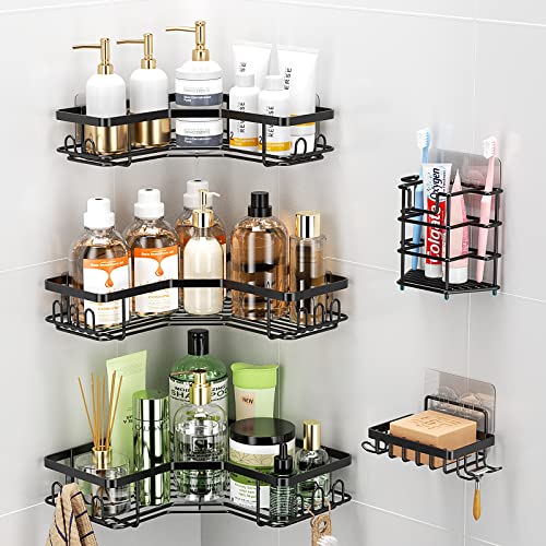 Corner Shower Caddy, 5-Pack Adhesive Shower Organizer, Wall Mounted Bathroom Organizer with Soap Holder, Toothbrush Holder, Shower Rack Bathroom Storage Accessories, Shower Shelves for Inside Shower