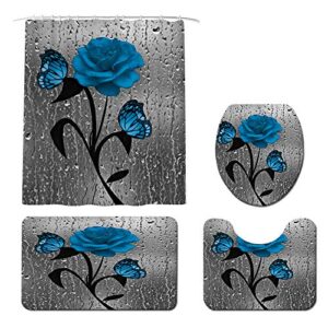 hoohaa rose flower with butterfly shower curtain sets with rugs, toilet lid cover and bath mat simple floral pattern modern bathroom home decor pack of 4 (blue)