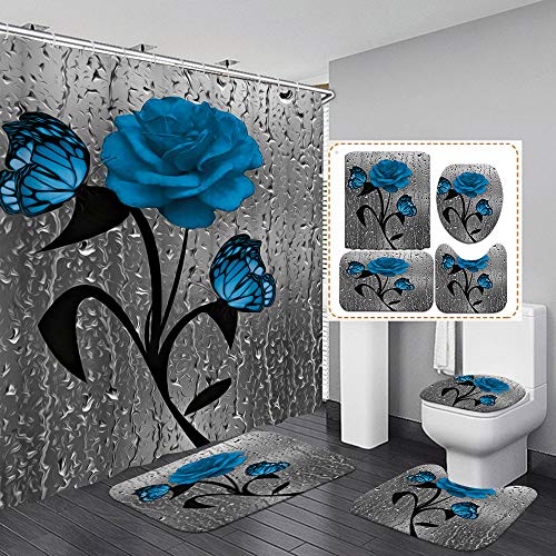HOOHAA Rose Flower with Butterfly Shower Curtain Sets with Rugs, Toilet Lid Cover and Bath Mat Simple Floral Pattern Modern Bathroom Home Decor Pack of 4 (Blue)