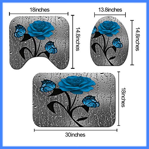 HOOHAA Rose Flower with Butterfly Shower Curtain Sets with Rugs, Toilet Lid Cover and Bath Mat Simple Floral Pattern Modern Bathroom Home Decor Pack of 4 (Blue)