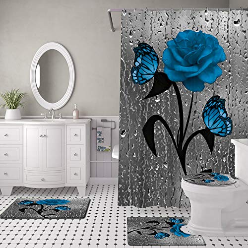 HOOHAA Rose Flower with Butterfly Shower Curtain Sets with Rugs, Toilet Lid Cover and Bath Mat Simple Floral Pattern Modern Bathroom Home Decor Pack of 4 (Blue)