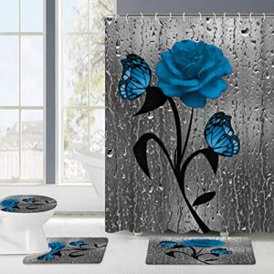 HOOHAA Rose Flower with Butterfly Shower Curtain Sets with Rugs, Toilet Lid Cover and Bath Mat Simple Floral Pattern Modern Bathroom Home Decor Pack of 4 (Blue)