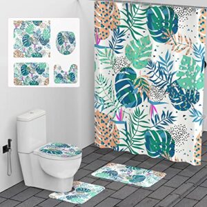 YogePote Spring Shower Curtain Set/4PCS, Watercolor Plant Leaves Bathroom Decor Waterproof Fabric Shower Curtain Set with Hooks, Non-Slip Rugs, Toilet Lid Cover and Bath Mat, Home Decor 72x72 Inch