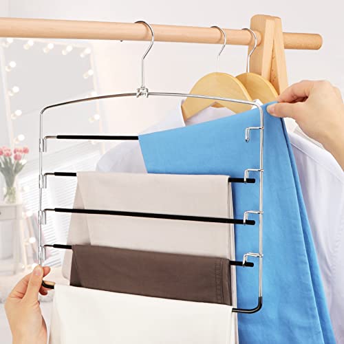 Velvet Hangers Space Saving for Pants 4 Packs Non-Slip Stainless Steel Clothes Hangers, Trousers Hangers Space Saving Scarves Ties Hanger Closet Storage Organizer