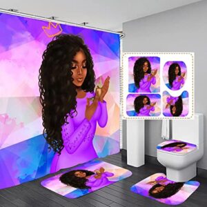 african american woman shower curtains for bathroom, 4pcs bathroom sets include 1 fabric shower curtain, 2 non-slip bathroom rugs and 1 toilet lid cover, black girl bathroom decor