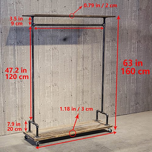 MBQQ Industrial Pipe Clothing Rack on Wheels,Rolling Iron Garment Racks with Shelves, Commercial Grade Clothing Racks Heavy Duty,Vintage Steampunk Clothes Rack Retail Display Wood Shelf