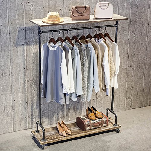 MBQQ Industrial Pipe Clothing Rack on Wheels,Rolling Iron Garment Racks with Shelves, Commercial Grade Clothing Racks Heavy Duty,Vintage Steampunk Clothes Rack Retail Display Wood Shelf