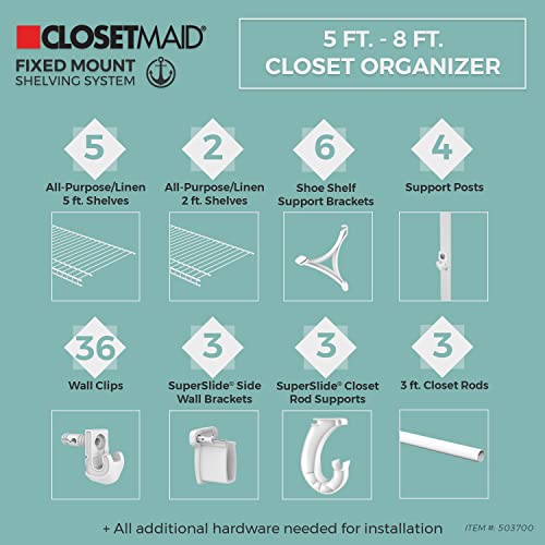 ClosetMaid 5037 5ft. to 8ft. Fixed Mount Closet Organizer Kit, White