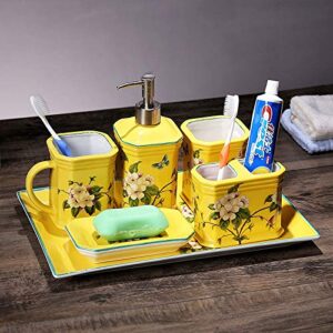 vintage ceramic bathroom accessories sets,6 piece painted flower plant yellow bathroom set vanity decor contain soap dispenser,2 pcs washing cup,vanity tray,toothbrush holder,soap dish for home hote