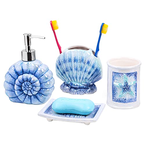 FORLONG Ceramic Ocean Bathroom Accessories Set, 4 Piece 3D Conch Shell Bathroom Ensemble Set with Toothbrush Holder, Toothbrush Cup, Soap Dispenser, Soap Dish (Blue Light)