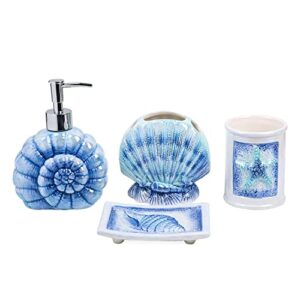 FORLONG Ceramic Ocean Bathroom Accessories Set, 4 Piece 3D Conch Shell Bathroom Ensemble Set with Toothbrush Holder, Toothbrush Cup, Soap Dispenser, Soap Dish (Blue Light)