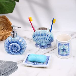 FORLONG Ceramic Ocean Bathroom Accessories Set, 4 Piece 3D Conch Shell Bathroom Ensemble Set with Toothbrush Holder, Toothbrush Cup, Soap Dispenser, Soap Dish (Blue Light)