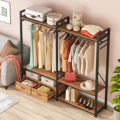 Tribesigns Freestanding Wood Garment Racks, Clothing Rack with Shelves and Drawers, Heavy Duty Metal Clothing Rack, Closet Organizer for Bedroom Walk-in Wardrobe