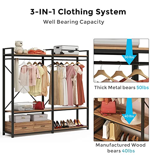 Tribesigns Freestanding Wood Garment Racks, Clothing Rack with Shelves and Drawers, Heavy Duty Metal Clothing Rack, Closet Organizer for Bedroom Walk-in Wardrobe